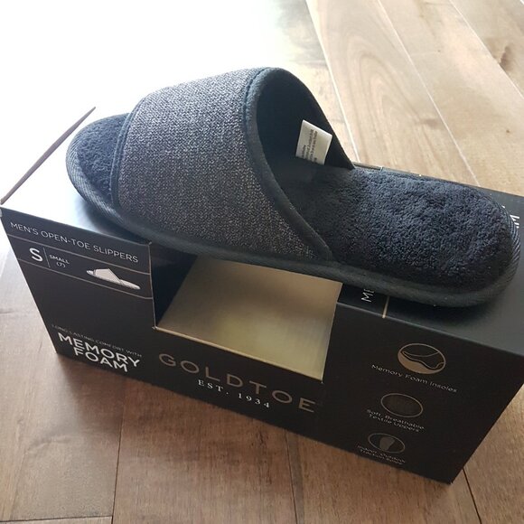 GoldToe Men's Memory Foam Open-Toe Indoor/Outdoor Black/Dark Gray Slippers, S - Picture 2 of 12